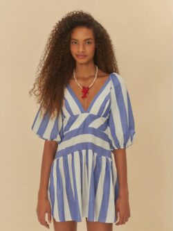 Farm Vestido Curto Mangas Estampado Mistura de Listra