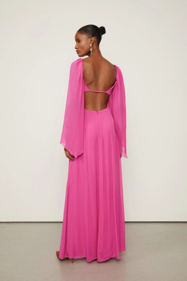 Animale Vestido De Georgette Leve Longo Manga Longa Rosa Fendas - Imagem 4