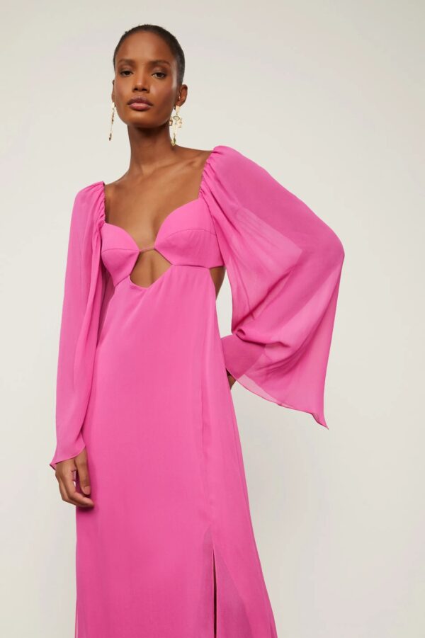 Animale Vestido De Georgette Leve Longo Manga Longa Rosa Fendas - Imagem 3
