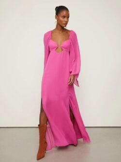 Animale Vestido De Georgette Leve Longo Manga Longa Rosa Fendas