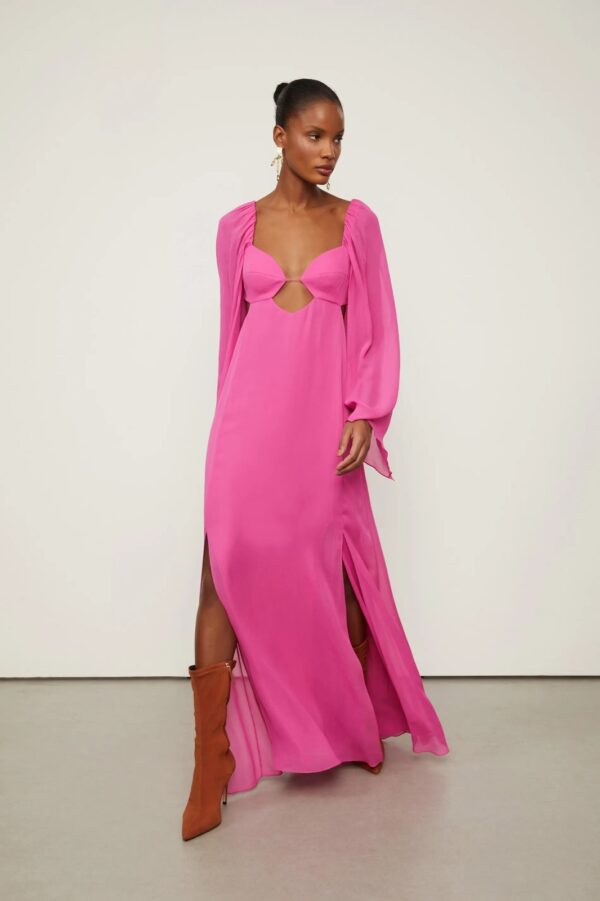 Animale Vestido De Georgette Leve Longo Manga Longa Rosa Fendas