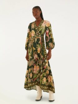 Farm Vestido Longo Manga Estampado Floral Delhi Verde Goa