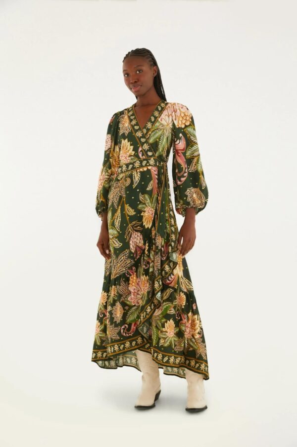 Farm Vestido Longo Manga Estampado Floral Delhi Verde Goa