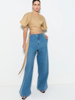 Zen Calça Pantalona Jeans com Bolsos Pespontados Azul