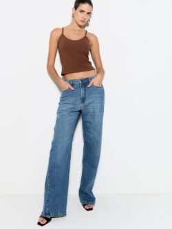 Zen Calça Reta Jeans com Costura Diagonal na Barra Azul Escuro