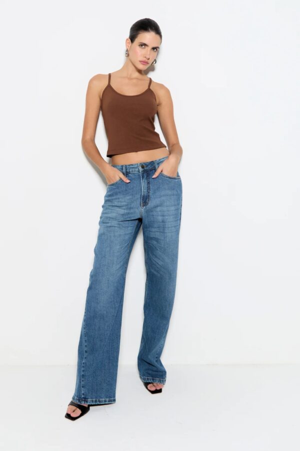 Zen Calça Reta Jeans com Costura Diagonal na Barra Azul Escuro