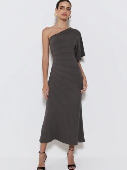 Zen Vestido Midi um Ombro só com Frisos Cinza