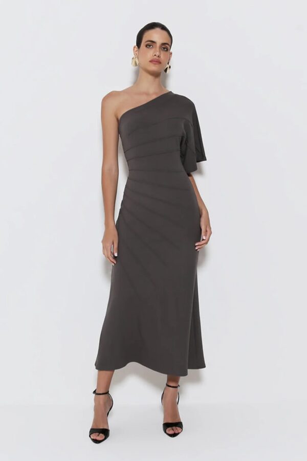 Zen Vestido Midi um Ombro só com Frisos Cinza