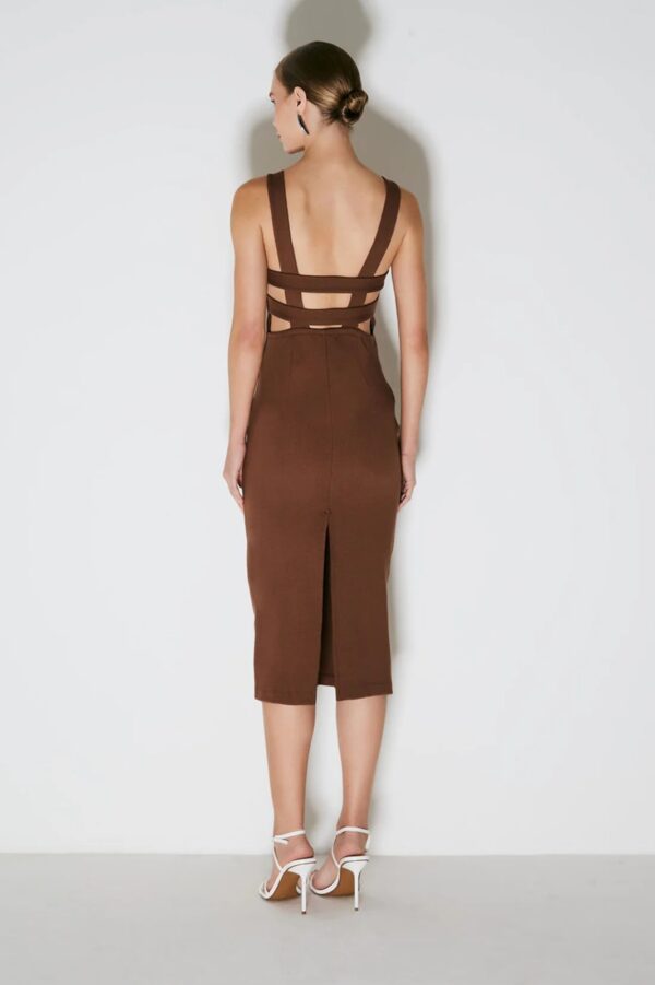 Zen Vestido Midi com Detalhe em Tiras nas Costas Marrom - Imagem 3