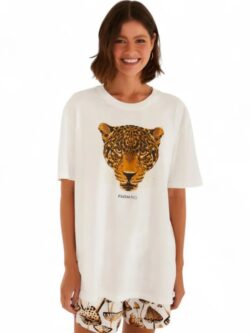 Farm T-shirt Media Onça Esmeralda Off White