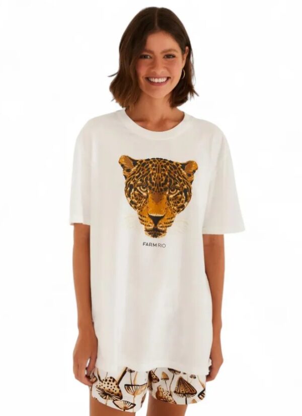 Farm T-shirt Media Onça Esmeralda Off White