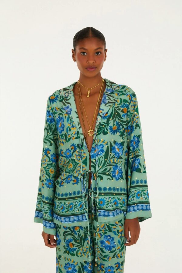 Farm Blusa Amarração Estampada Azulejo Florido