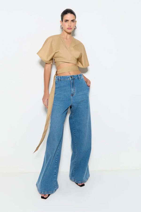 Zen Calça Pantalona Jeans Com Bolsos Pespontados