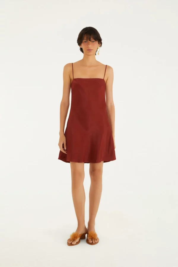 Farm Vestido Curto Alcinhas Cetim Marrom - Imagem 2