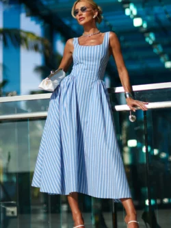 Zen VESTIDO MIDI DECOTE RETO E SAIA AMPLA LISTRADO AZUL