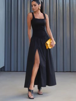 Zen VESTIDO MIDI DECOTE RETO COM FRANZIDOS BUSTO E ALÇAS PRETO