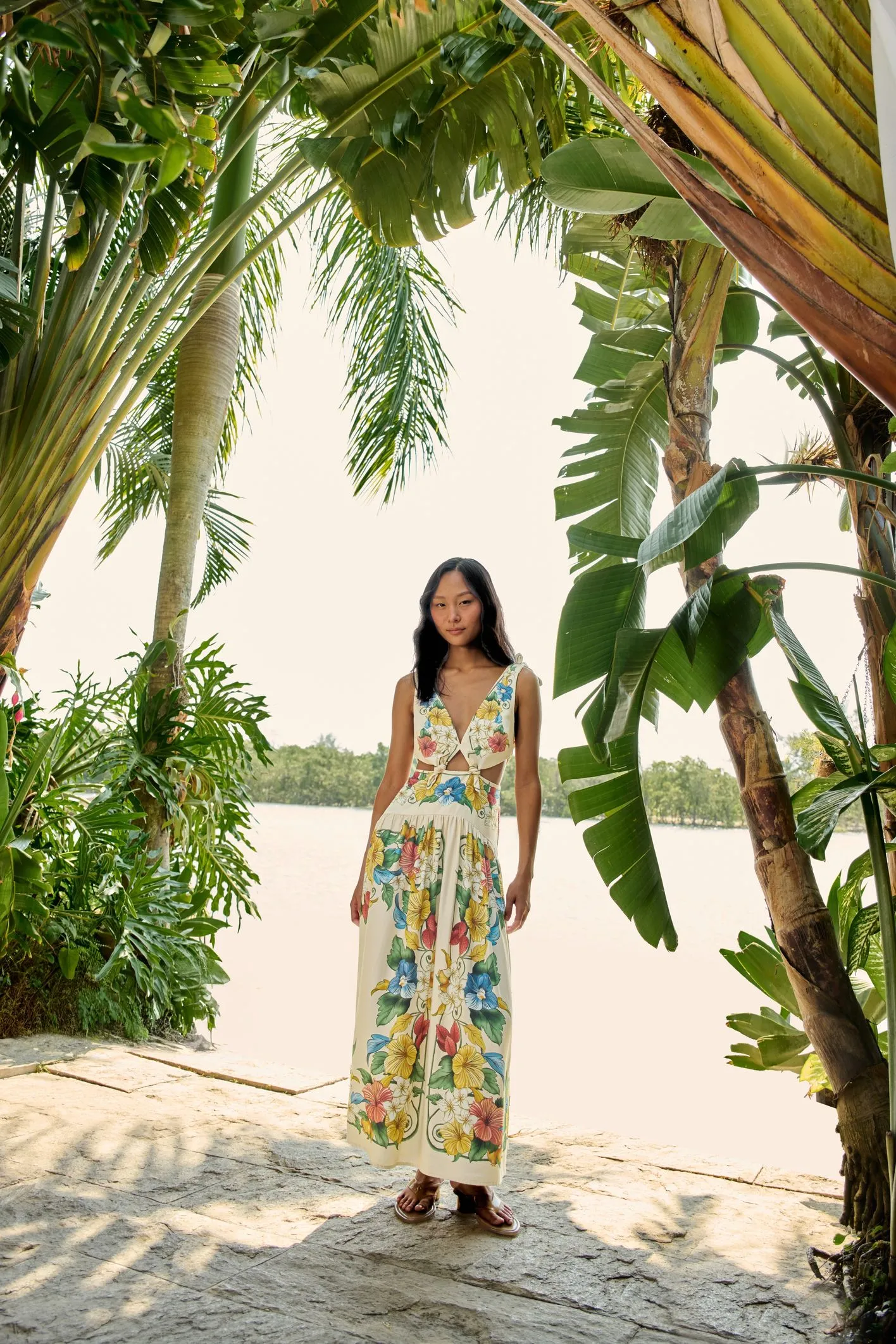 Farm Vestido Longo Estampado Tropicalzinho Lenço