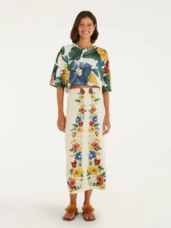 Farm Saia Reta Midi Estampado Tropicalzinho Lenço