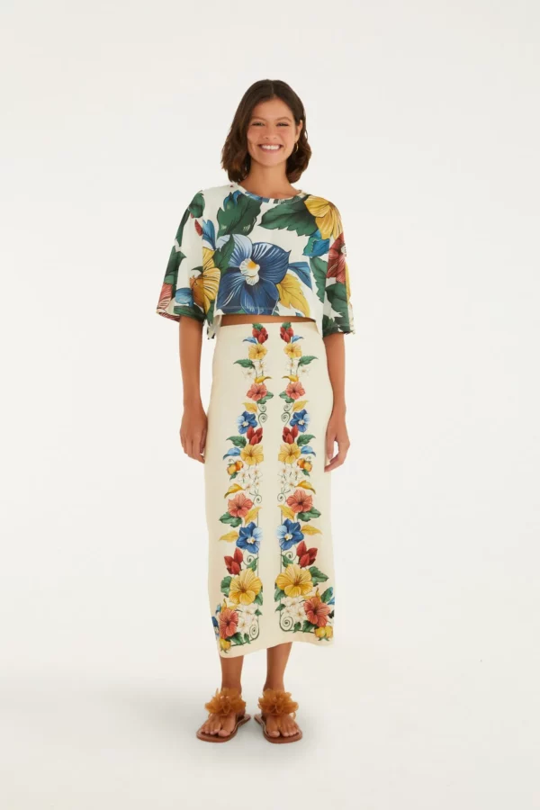 Farm Saia Reta Midi Estampado Tropicalzinho Lenço