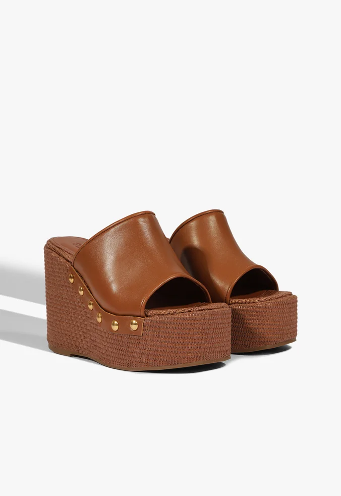 Schutz Sandália Tamanco Anabela Meia Pata Couro Marrom