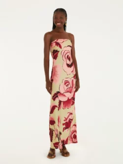 Farm Vestido Longo Sem Alça Estampado Rosas Pintadas