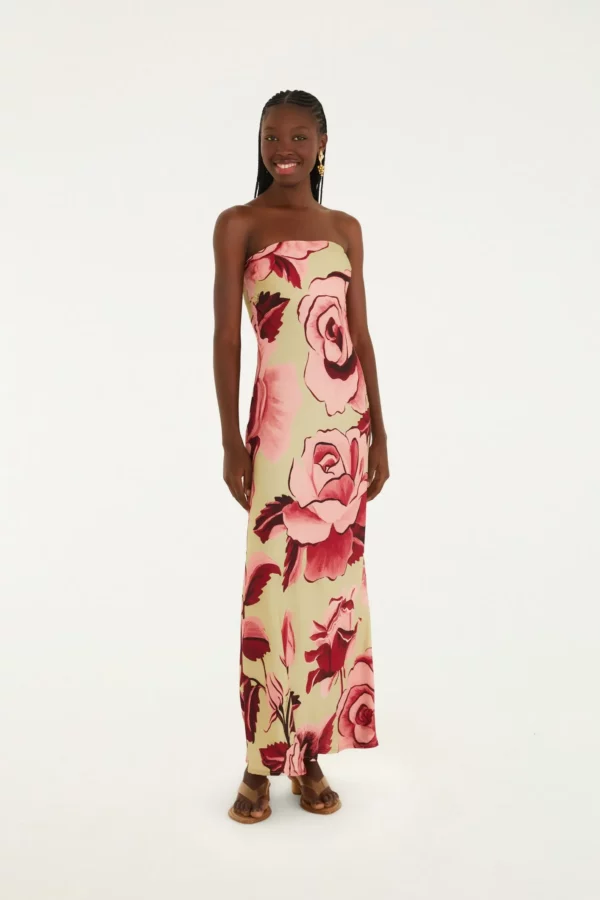 Farm Vestido Longo Sem Alça Estampado Rosas Pintadas