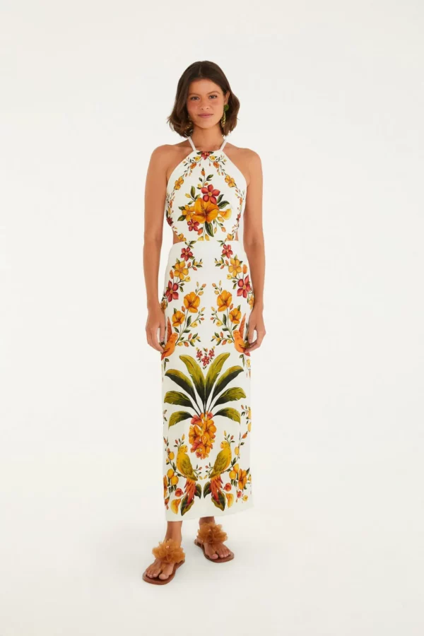 Farm Vestido Midi Frente Única Estampado Bosque Chic