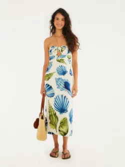 Farm Vestido Midi Sem Alça Estampado Concha Litoral