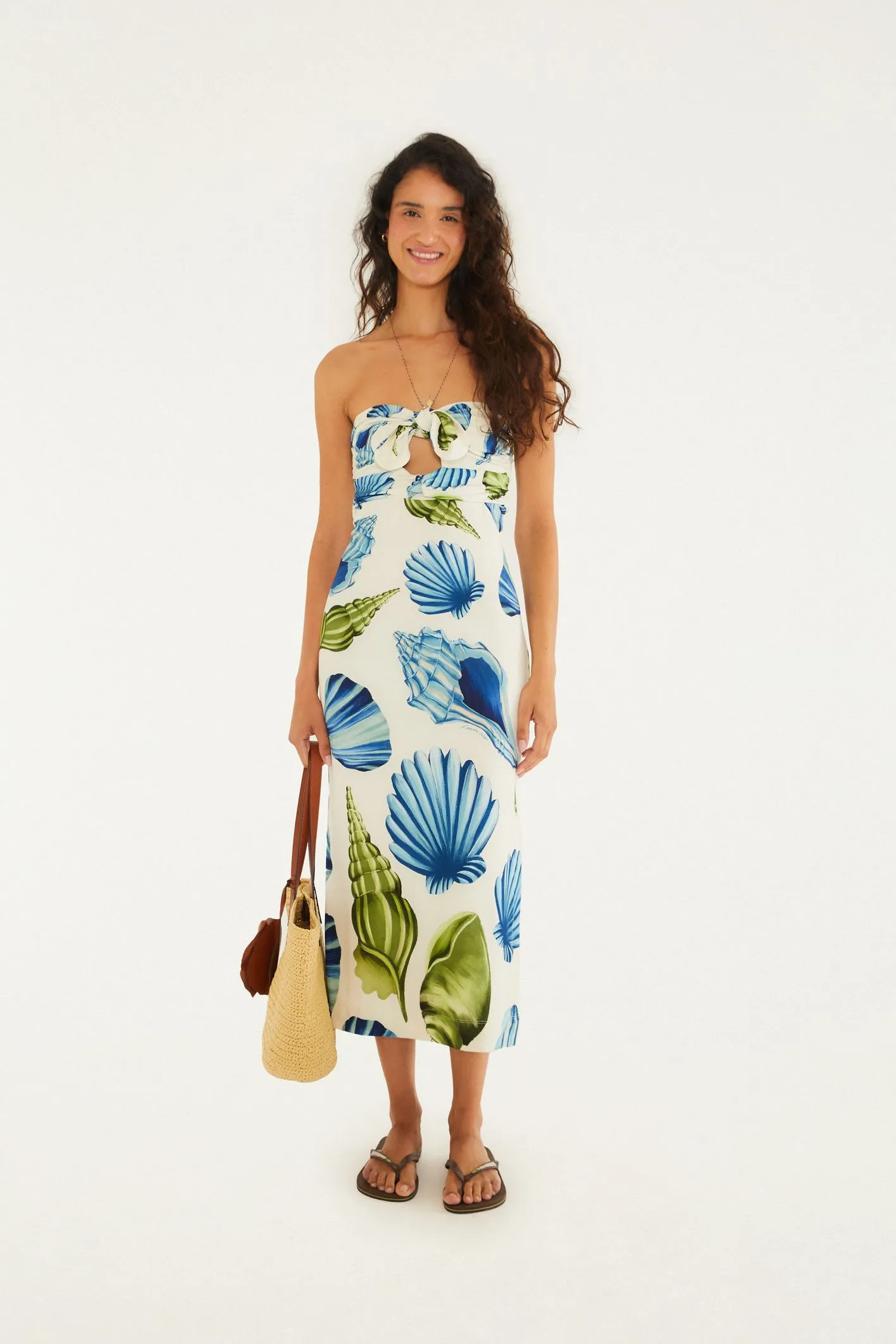 Farm Vestido Midi Sem Alça Estampado Concha Litoral