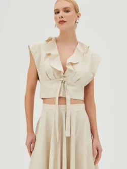 Zen BLUSA MANGA CURTA COM BABADOS FRONTAIS E AMARRACAO AREIA