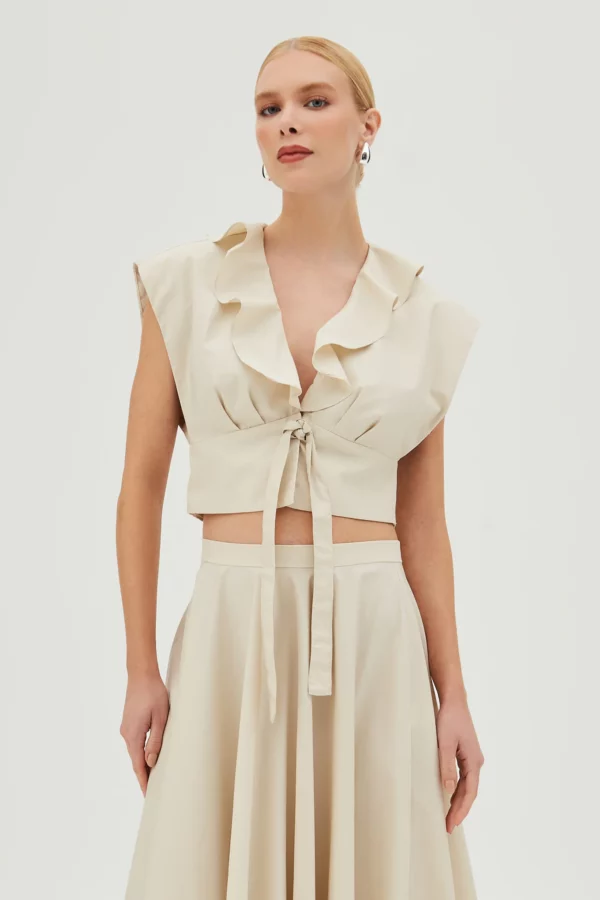 Zen BLUSA MANGA CURTA COM BABADOS FRONTAIS E AMARRACAO AREIA