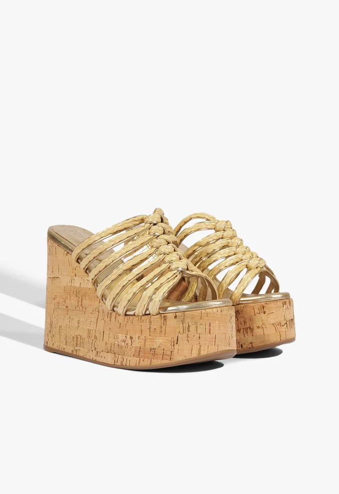 Schutz Tamanco Dahlia Plataforma Tiras Trançadas Dourado