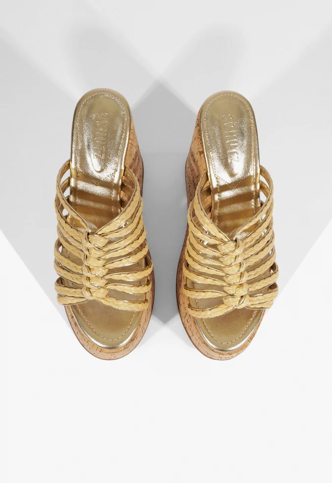 Schutz Tamanco Dahlia Plataforma Tiras Trançadas Dourado - Imagem 4