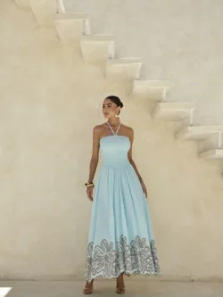 Dot Vestido Laise Barrado Azul Claro