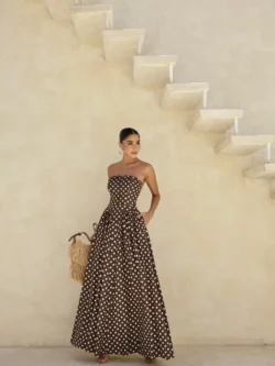 Dot Vestido Longo Poá Tomara Que Caia Marrom