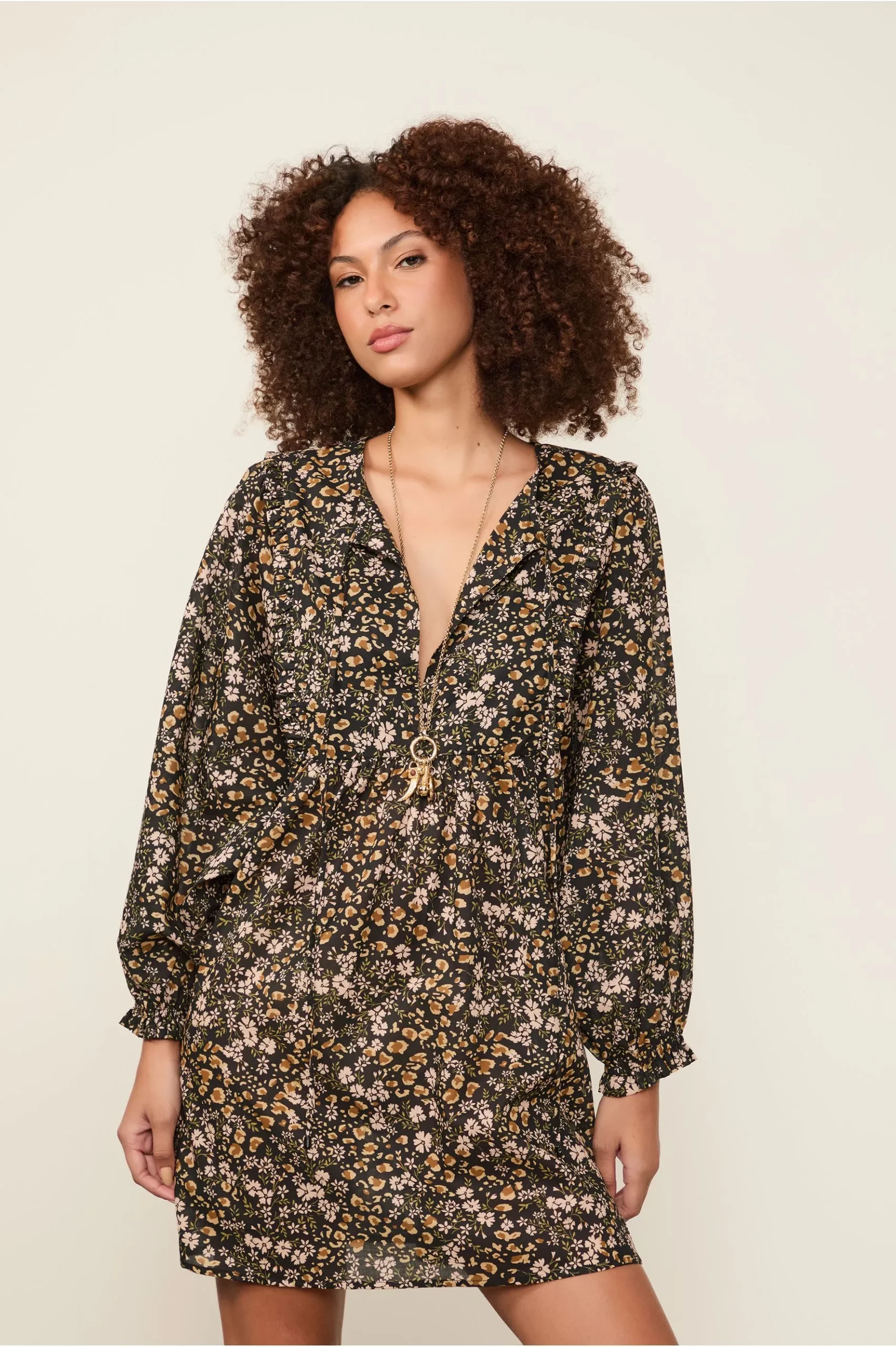 Animale Vestido De Voil De Algodão Curto Boho Estampado - Imagem 2