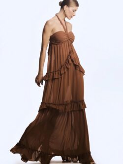 Zen VESTIDO LONGO COM BABADOS AMARRACAO PESCOCO MARROM CANELA